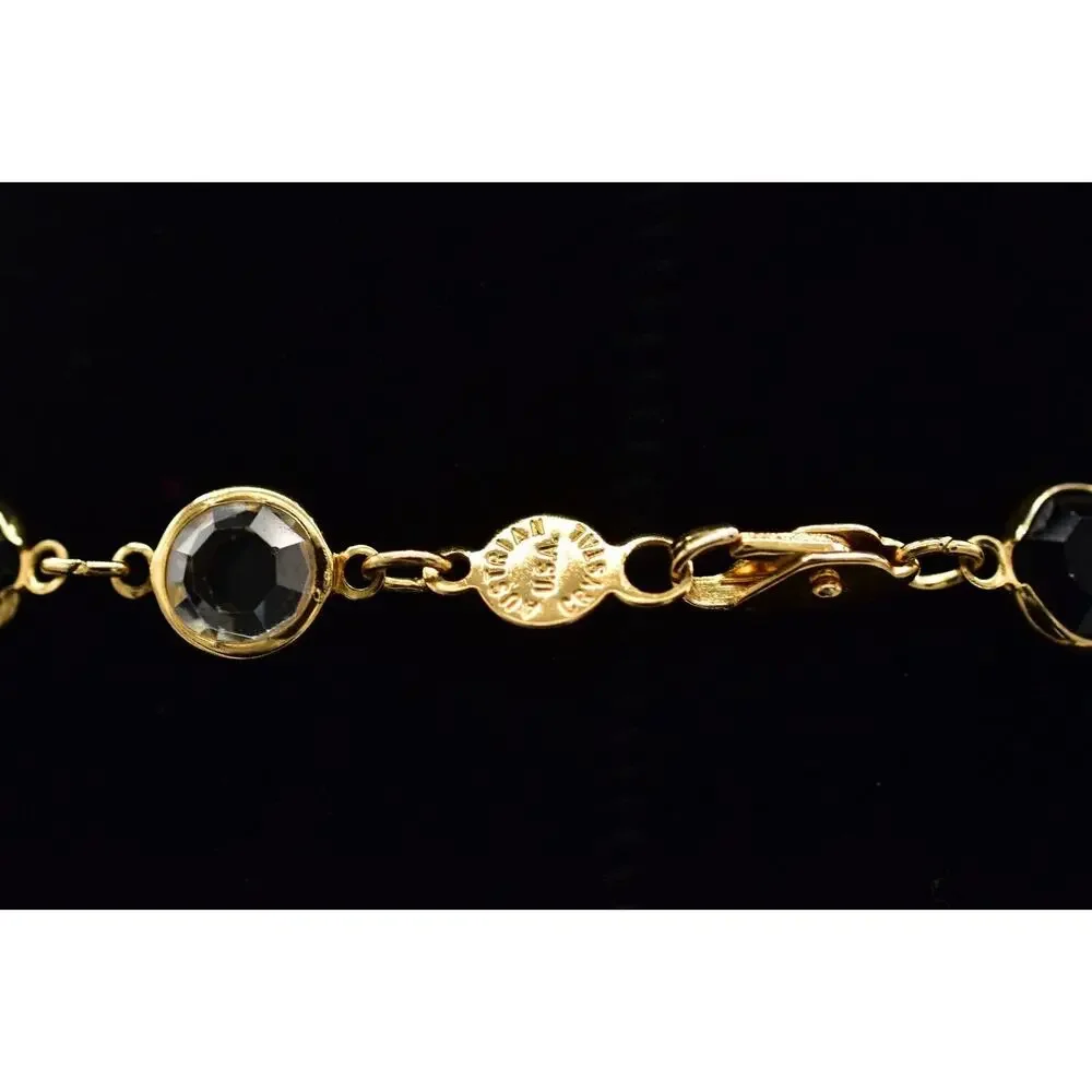 Austrian USA Crystal Open Bezel Necklace Black White Gold Signed 1980s BinBL